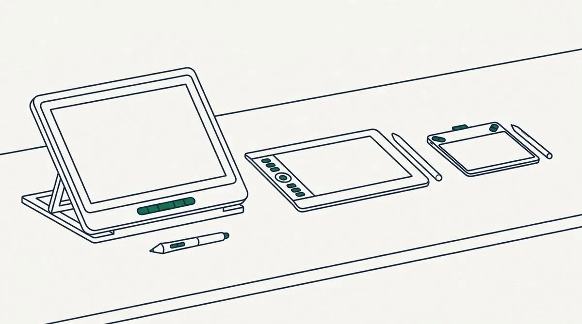 Drei Grafiktabletts unterschiedlicher Größe nebeneinander auf einem Schreibtisch: ein großes Stift-Display auf einem Ständer, ein mittleres Tablett ohne Bildschirm und ein kleines, jeweils mit Stift daneben.